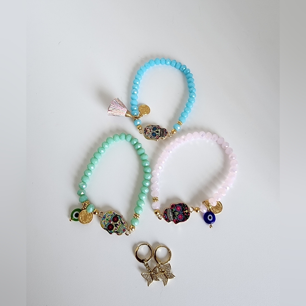 Boho Skull Bracelet Bundle Set + Gold Plated Butterfly Earrings Crystal